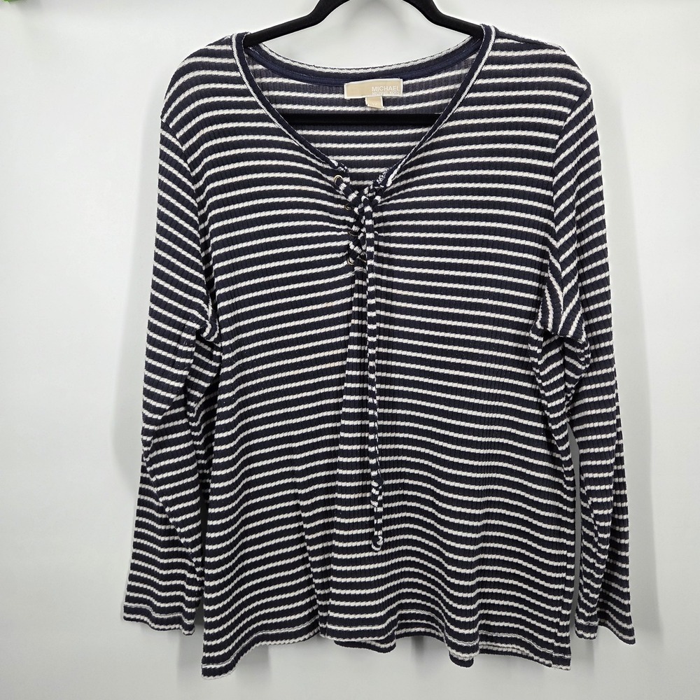 Michael Kors Shirt 3X Blue White Stripe Lace-Up Neck LS Textured Henley Coastal